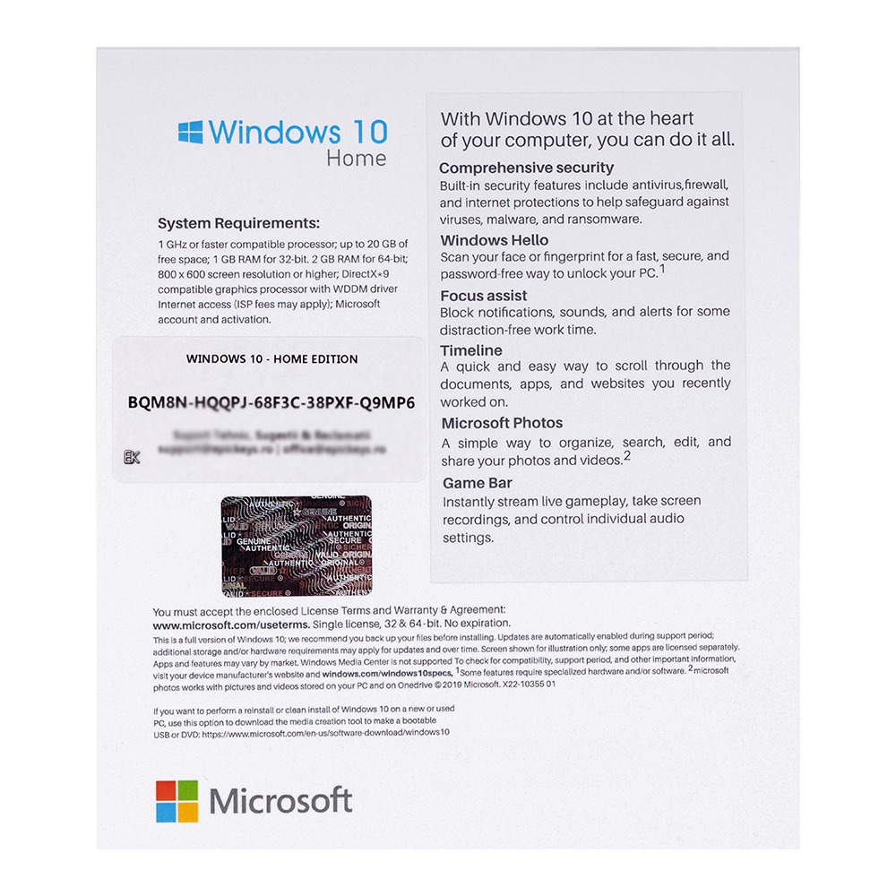 Windows 10 Home, 32/64 bit, Multilanguage, Retail, Medialess