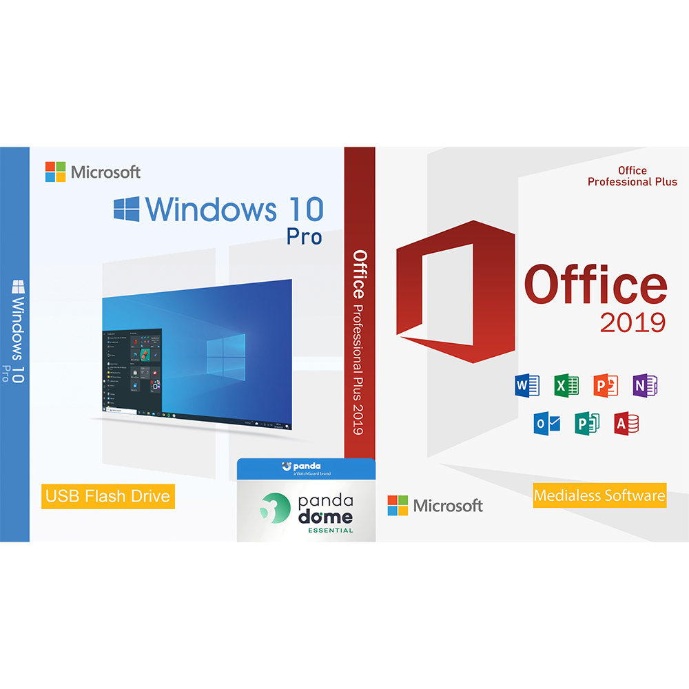 Pachet licente Windows 10 Pro USB + Office 2019 Pro Plus Medialess si Antivirus Panda Dome Essential