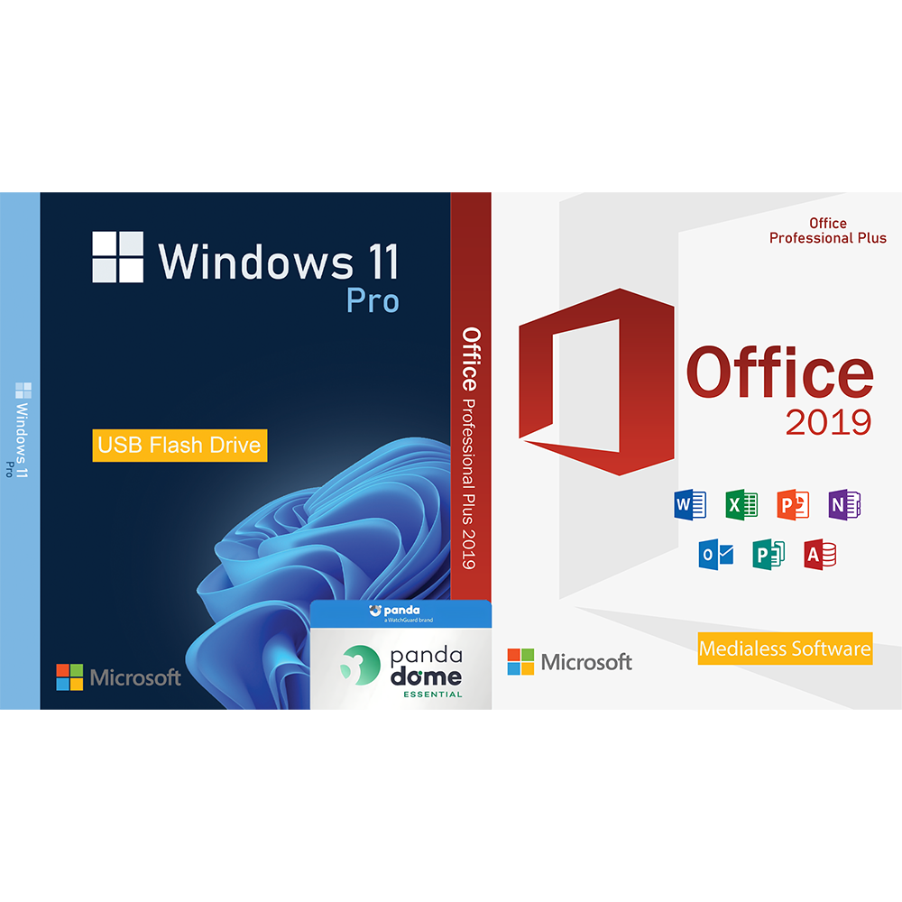 Pachet licente Windows 11 Pro USB + Office 2019 Pro Plus Medialess si Antivirus Panda Dome Essential