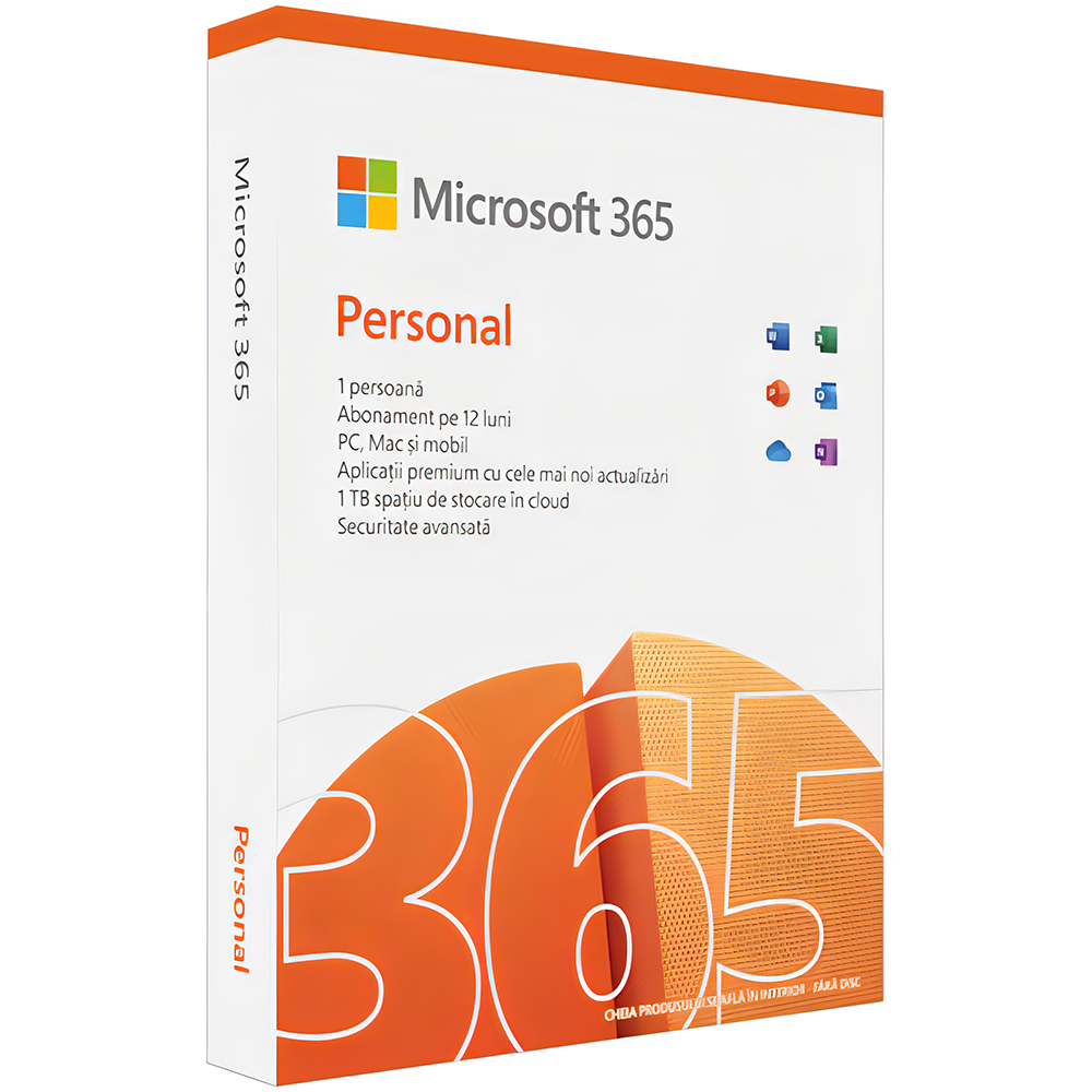 Microsoft 365 Personal, Engleza, 1 an, 1 utilizator, 1 PC/MAC + 1 telefon/tableta/iPad, Box